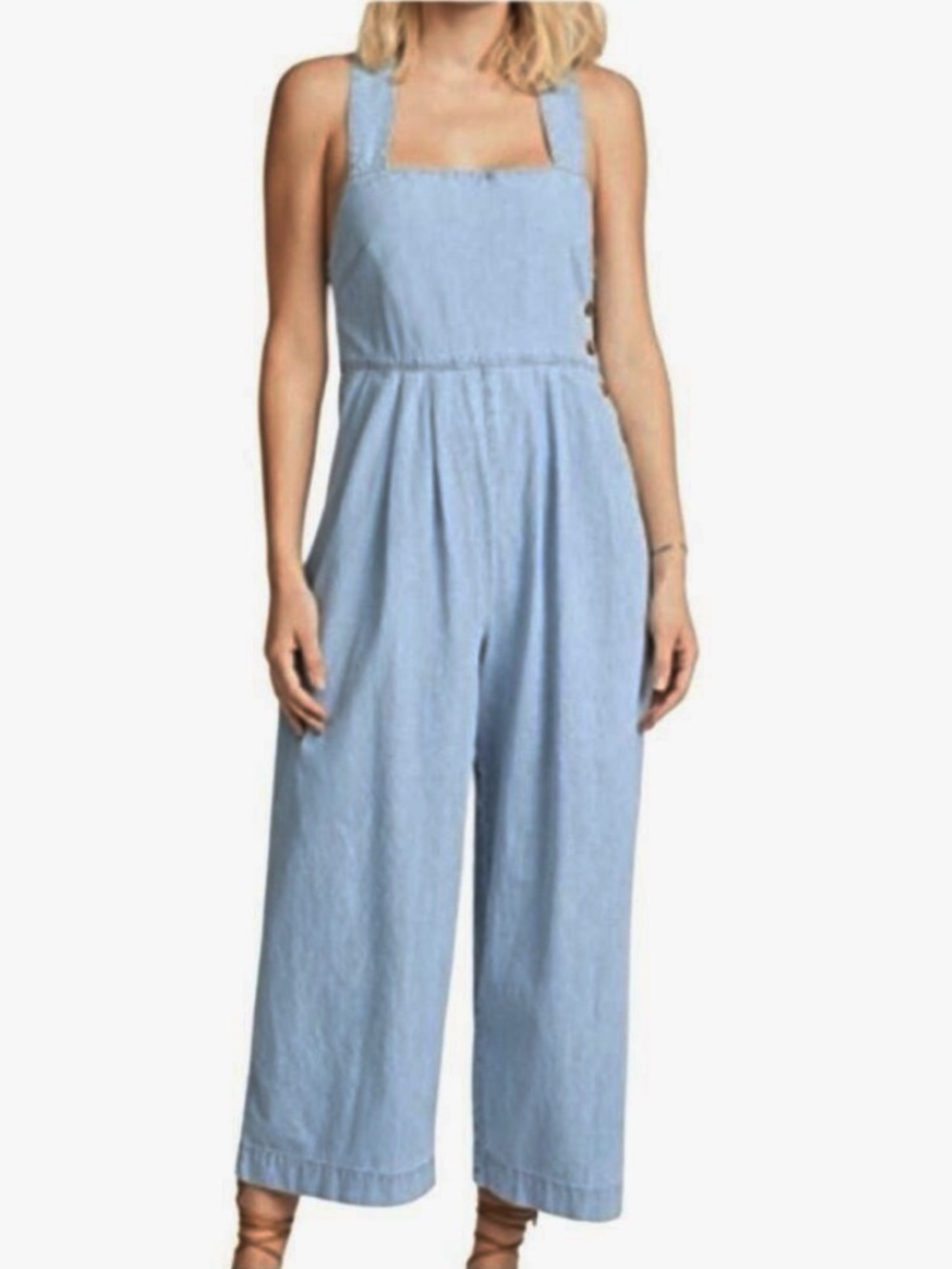 Free People Fara denim wide-leg cropped jumpsuit Size 4